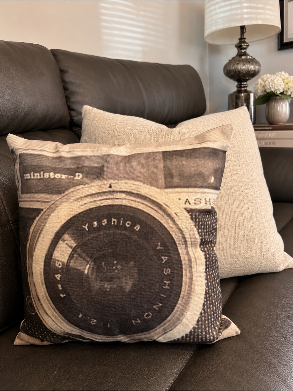 Vintage Camera Linen Accent Pillow 18x18 | Black & White Photography Home Decor